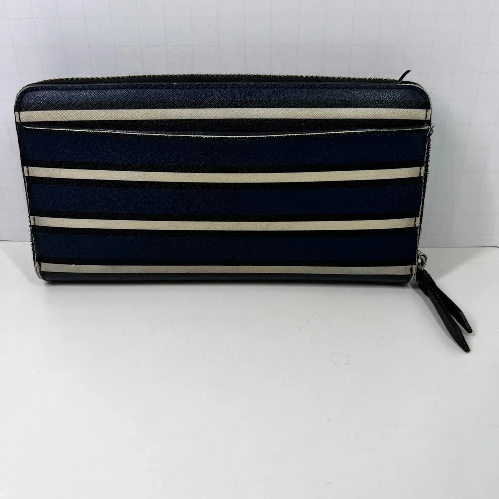Kate Spade New York Navy Blue Cream Striped Zip Around Saffiano Leather Wallet